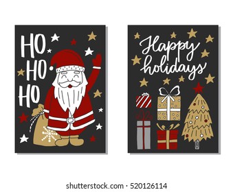 Vector set of hand drawn of Christmas greeting cards. Great print for invitation, poster, apparel design. Happy Holidays. Ho ho ho. Holiday banners in cartoon style