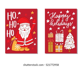 Vector set of hand drawn of Christmas greeting cards. Great print for invitation, poster, apparel design. Happy Holidays. Ho ho ho. Holiday banners in cartoon style