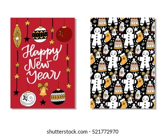 Vector set of hand drawn of Christmas greeting cards. Great print for invitation, poster, apparel design. Happy new year. Holiday banners in cartoon style