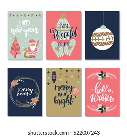 Vector set of hand drawn of Christmas greeting cards. Great print for invitations, posters, tags. Merry Christmas. Hello winter. Happy New Year. Festive banners in flat cartoon style, vintage colors