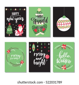 Vector set of hand drawn of Christmas greeting cards. Great print for invitations, posters, tags. Merry Christmas. Hello winter. Happy New Year. Festive banners in flat cartoon style,colorful colors