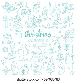 Vector set of  hand drawn Christmas elements. Holiday clip art for your design in blue colors