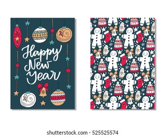 Vector set of hand drawn of Christmas greeting cards. Great print for invitation, poster, apparel design. Happy new year. Holiday banners in cartoon style