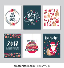 Vector set of hand drawn  Christmas greeting cards. Great print for invitations, posters, tags. Let it snow. Happy New Year. Ho ho ho. Festive banners in flat cartoon style, vintage colors