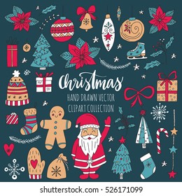 Vector set of hand drawn Christmas elements. Holiday clip art for your design