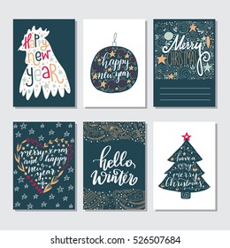 Vector set of hand drawn Christmas greeting cards. Great print for invitations, posters, tags. Hello winter. Happy New Year. Merry Christmas. Festive banners in  cartoon style, vintage colors