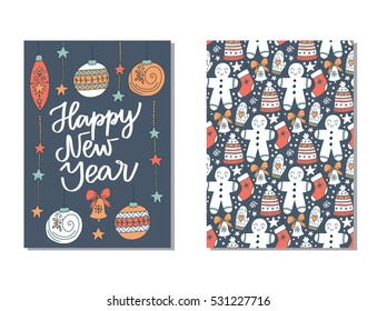 Vector set of hand drawn of Christmas greeting cards. Great print for invitation, poster, apparel design. Happy new year. Holiday banners in cartoon style