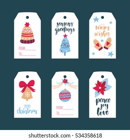 Vector set of hand drawn Christmas present tags in cartoon flat style. New Year banners in vintage colors