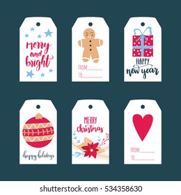 Vector set of hand drawn Christmas present tags in cartoon flat style. New Year banners in vintage colors