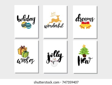 Vector set of hand drawn Christmas greeting cards. Great print for invitations, posters, tags. Festive banners in flat cartoon style, vintage colors.