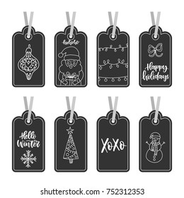 Vector set of hand drawn Christmas gift tags in cartoon flat style.