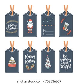 Vector set of hand drawn Christmas gift tags in cartoon flat style. Colorful holiday illustrations