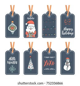 Vector set of hand drawn Christmas gift tags in cartoon flat style.