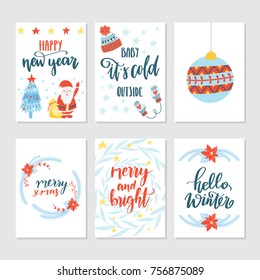 Vector set of hand drawn Christmas greeting cards. Great print for invitations, posters, tags. Merry Xmas. Happy New Year. Festive banners in flat cartoon style