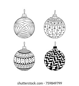 Vector set of hand drawn Christmas ball toy. Christmas coloring page book