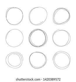 Vector set of hand drawn circles, black lines isolated on white background, circular scribble doodle round shape frames.