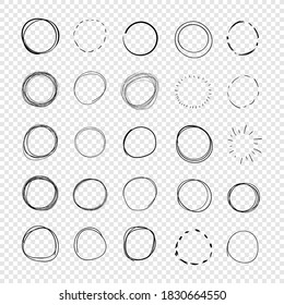 Vector Set of Hand Drawn Circles, Freehand Drawings, Black Scribble Lines, Round Shapes Isolated on Light Transparent Background, Plan Elements.