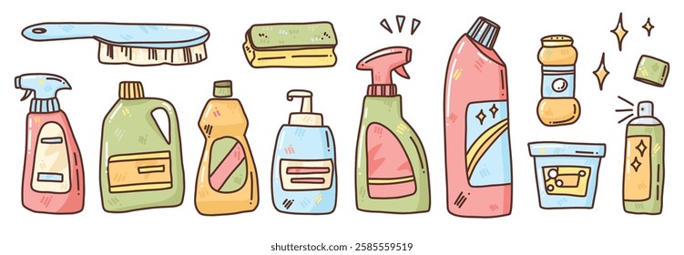 vector set with hand drawn cleaning products. cartoon housekeeping illustration