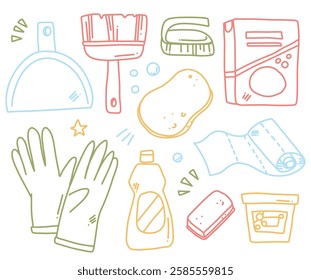 vector set with hand drawn cleaning products. outline housekeeping illustration