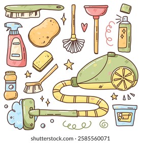 vector set with hand drawn cleaning products. cartoon housekeeping illustration