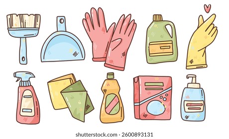 vector set with hand drawn cleaning products. cartoon housekeeping illustration
