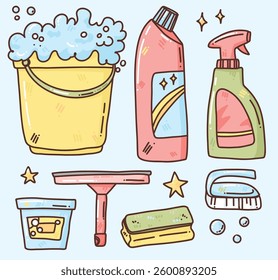 vector set with hand drawn cleaning products. cartoon housekeeping illustration