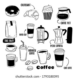 Vector set of hand drawn coffee doodles: cups, coffee pots, coffee express, croissant, take away bag and coffee beans.