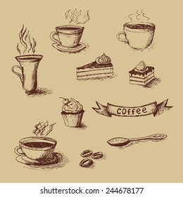 Vector set of hand drawn coffee and cake