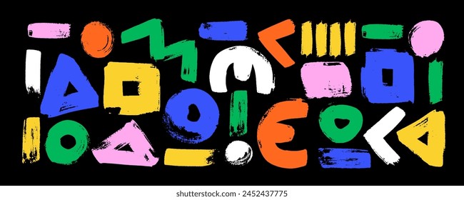 Conjunto de Vector dibujado a mano color pinceladas geométricas secas. Pinceladas multicolores, círculos, triángulos y guiones. Abstractas colección de manchas de grunge .