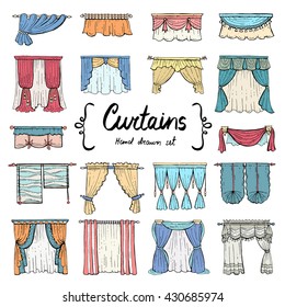 Vector set with hand drawn color doodle curtains on white background.