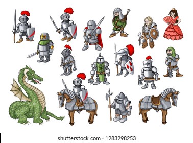 Vector set with hand drawn colored doodles on the theme of kingdom knights, princess and dragons isolated on white color. Vector set of fairy tale elements for use in design postcards or coloring book