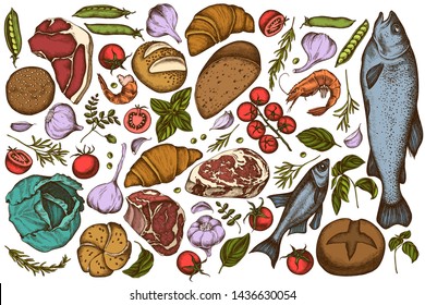 Vector set of hand drawn colored garlic, cherry tomatoes, peas, fish, shrimp, cabbage, beef, buns and bread, croissants and bread, basil, rosemary