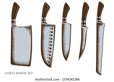 Vector set of hand drawn colored Chef s knifes