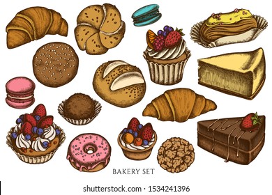 Vector set of hand drawn colored macaron, buns and bread, croissants and bread, cheesecake, eclair, cupcake, cake, donut, cookie, truffle, cake, tartlet