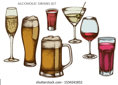 Vector set of hand drawn colored glass, mug of beer, alcohol shot, glass of champagne, glass of wine, glass of martini