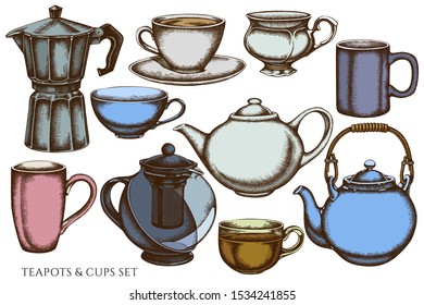 Vector set of hand drawn colored coffee cups, teapots, coffee pot, cups