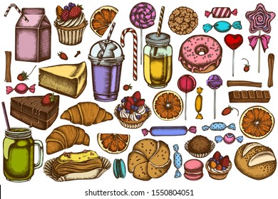 Vector set of hand drawn colored cinnamon, macaron, lollipop, bar, candies, oranges, buns and bread, croissants and bread, strawberry, milk boxes, smoothie cup, lollipop, smothie jars and cheesecake