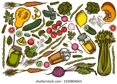 Vector set of hand drawn colored lemons, broccoli, radish, green beans, cherry tomatoes, beet, greenery, carrot, basil, pumpkin, smoothie cup, smothie jars, cucumber and celery