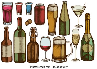 Vector set of hand drawn colored glass, champagne, mug of beer, alcohol shot, bottles of beer, bottle of wine, glass of champagne, glass of wine, glass of martini and aluminum can