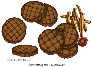 Vector set of hand drawn colored grilled burger patties