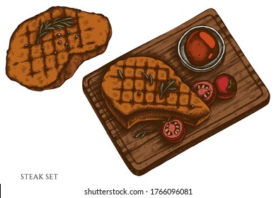 Vector set of hand drawn colored steak