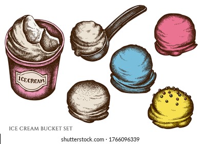 Juego de vectores de cuchara de helados de color dibujada a mano, cuchara de helados, bolas de helado