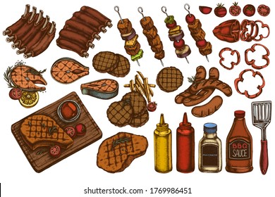 Vector set of hand drawn colored spatula, Pork ribs, kebab, sausages, steak, sauce bottles, grilled burger patties, grilled tomato, grilled salmon steak, grilled bell pepper