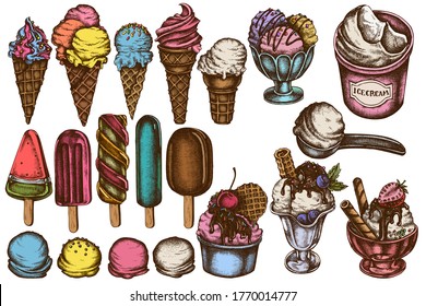 Vector set of hand drawn colored ice cream bowls, ice cream bucket, popsicle ice cream, ice cream cones,