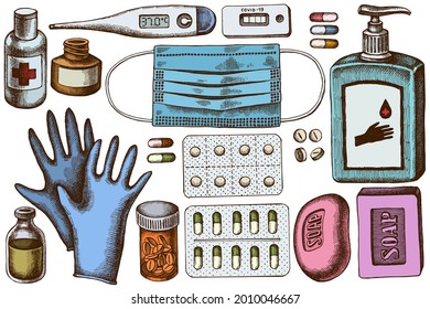 Vector set of hand drawn colored pills and medicines, medical face mask, sanitizer bottles, medical thermometer, coronavirus rapid test, soap, medical gloves