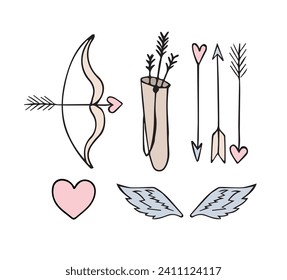 Vector set of hand drawn colored cupid Valentine doodles isolated on white background