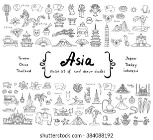 Vector set with hand drawn colored doodles on the theme of Asian countries - China, Japan, Turkey, Thailand, Taiwan, Indonesia. Tourism, travel and symbols. Sketches for use in design