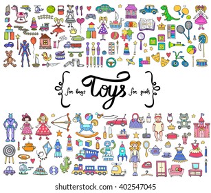 Vector set with hand drawn colored doodles of toys for boys and girls. Flat illustrations on the theme of activities for children, games. Sketches for use in design