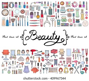 Vector set with hand drawn colored doodles of cosmetics and symbols of beauty. Flat illustrations on the theme of fashion, beauty salon. Sketches for use in design