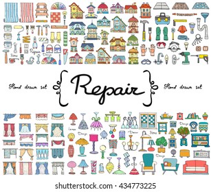 Vector set with hand drawn colored doodles on the  theme of repair. Flat illustrations of furniture, curtains, lamps, houses, building tools. Sketches for use in design